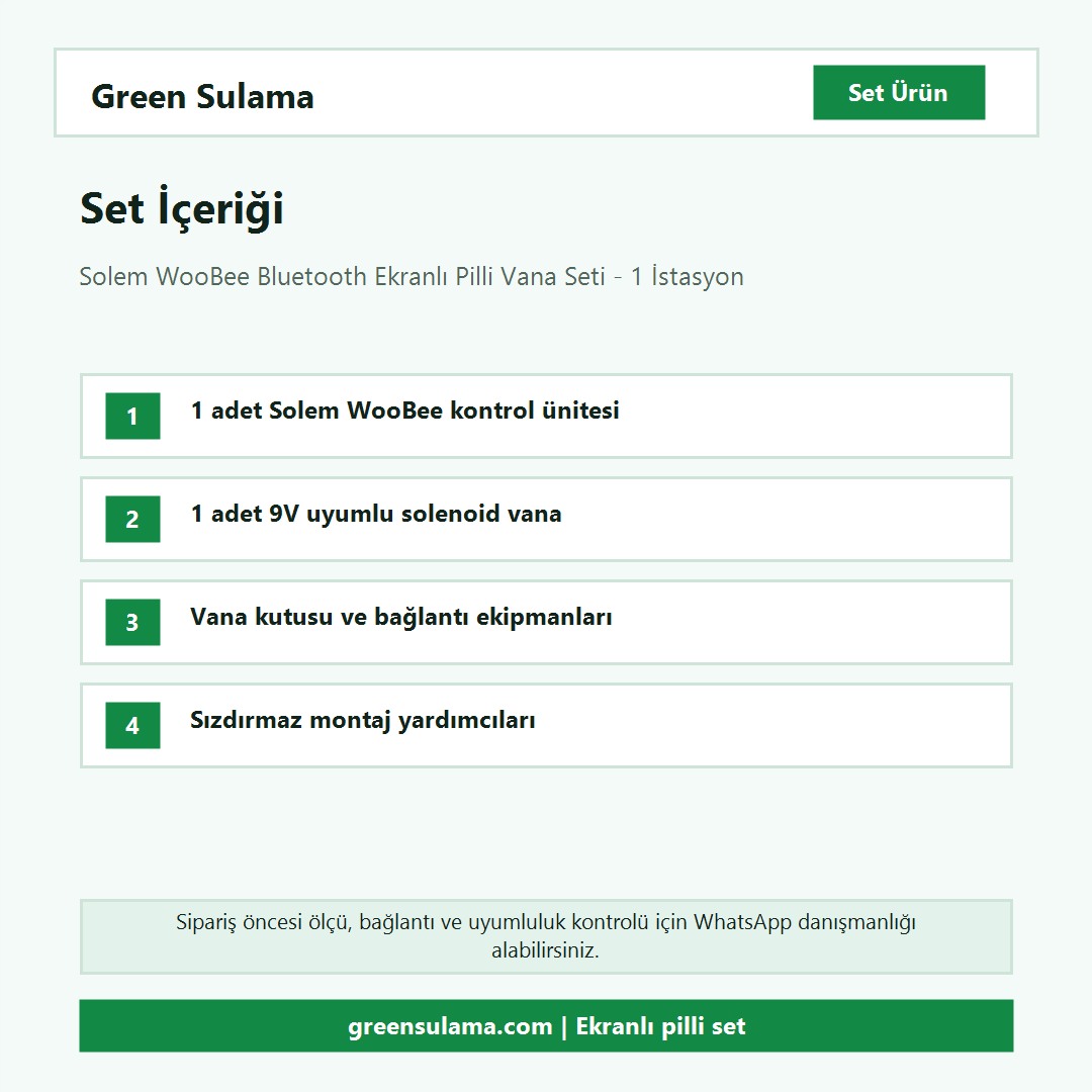 Solem WooBee Bluetooth ekranlı pilli vana seti set içeriği ve parça listesi